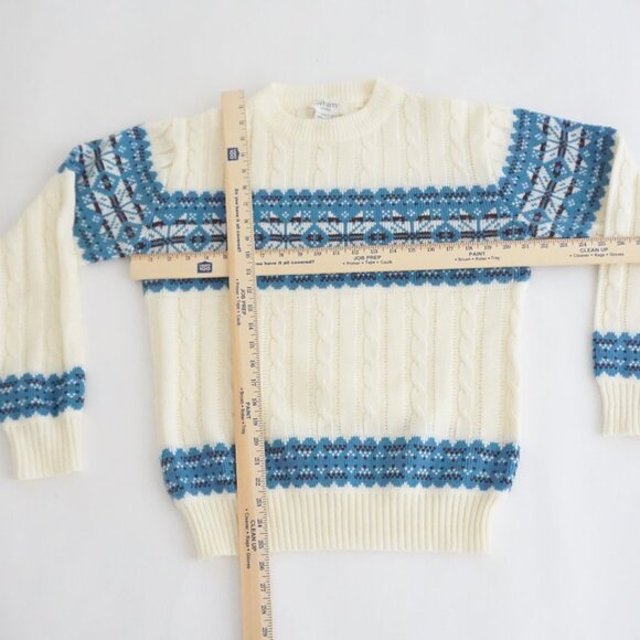Vintage Whim Cream Blue Nordic Cable Knit Sweater Eclectic Grandpa Cabincore L - Picture 3 of 10